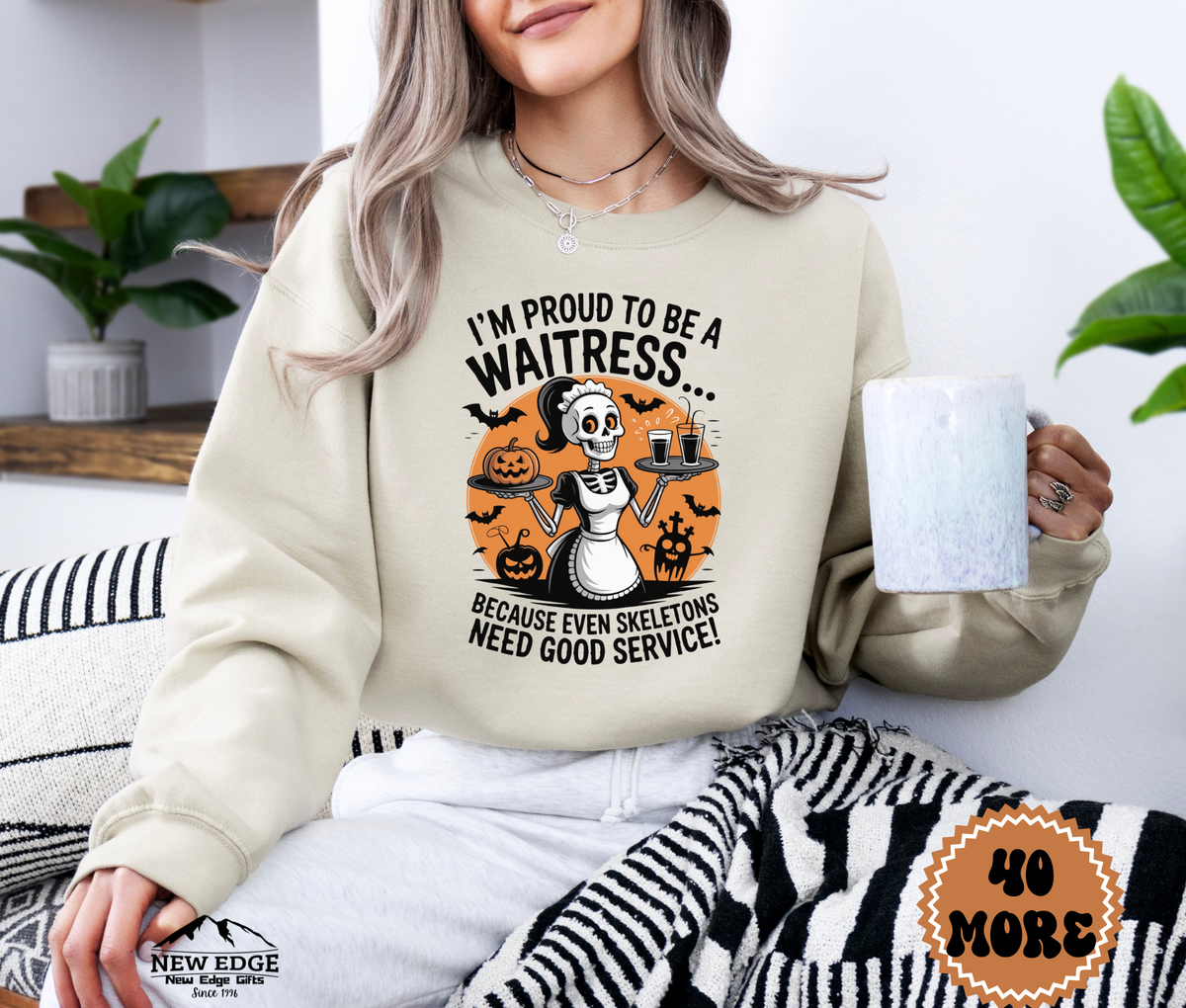 Proud to Be a Waitress Halloween Sweatshirt – “Because Even Skeletons Need Good Service!” | Unisex Funny Spooky Server Crewneck