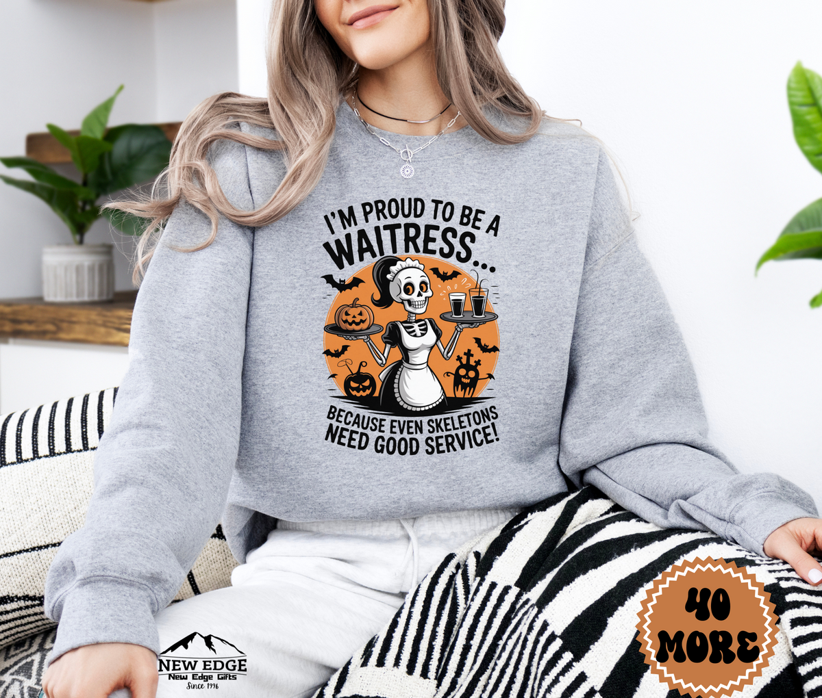 Proud to Be a Waitress Halloween Sweatshirt – “Because Even Skeletons Need Good Service!” | Unisex Funny Spooky Server Crewneck