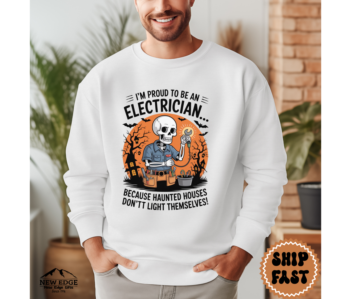 Proud to Be an Electrician Halloween Sweatshirt – “Because Haunted Houses Don’t Light Themselves!” | Unisex Funny Spooky Workwear