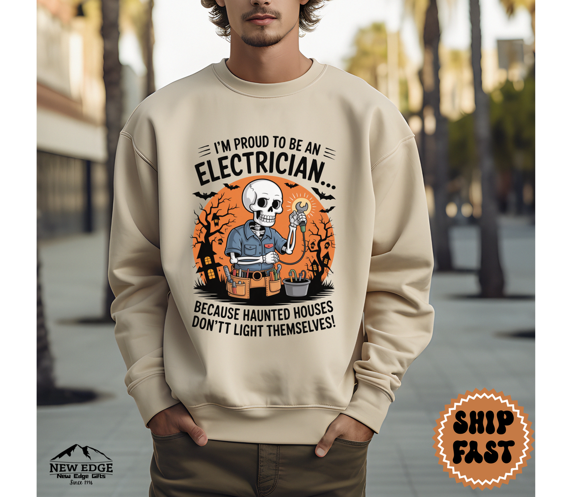 Proud to Be an Electrician Halloween Sweatshirt – “Because Haunted Houses Don’t Light Themselves!” | Unisex Funny Spooky Workwear