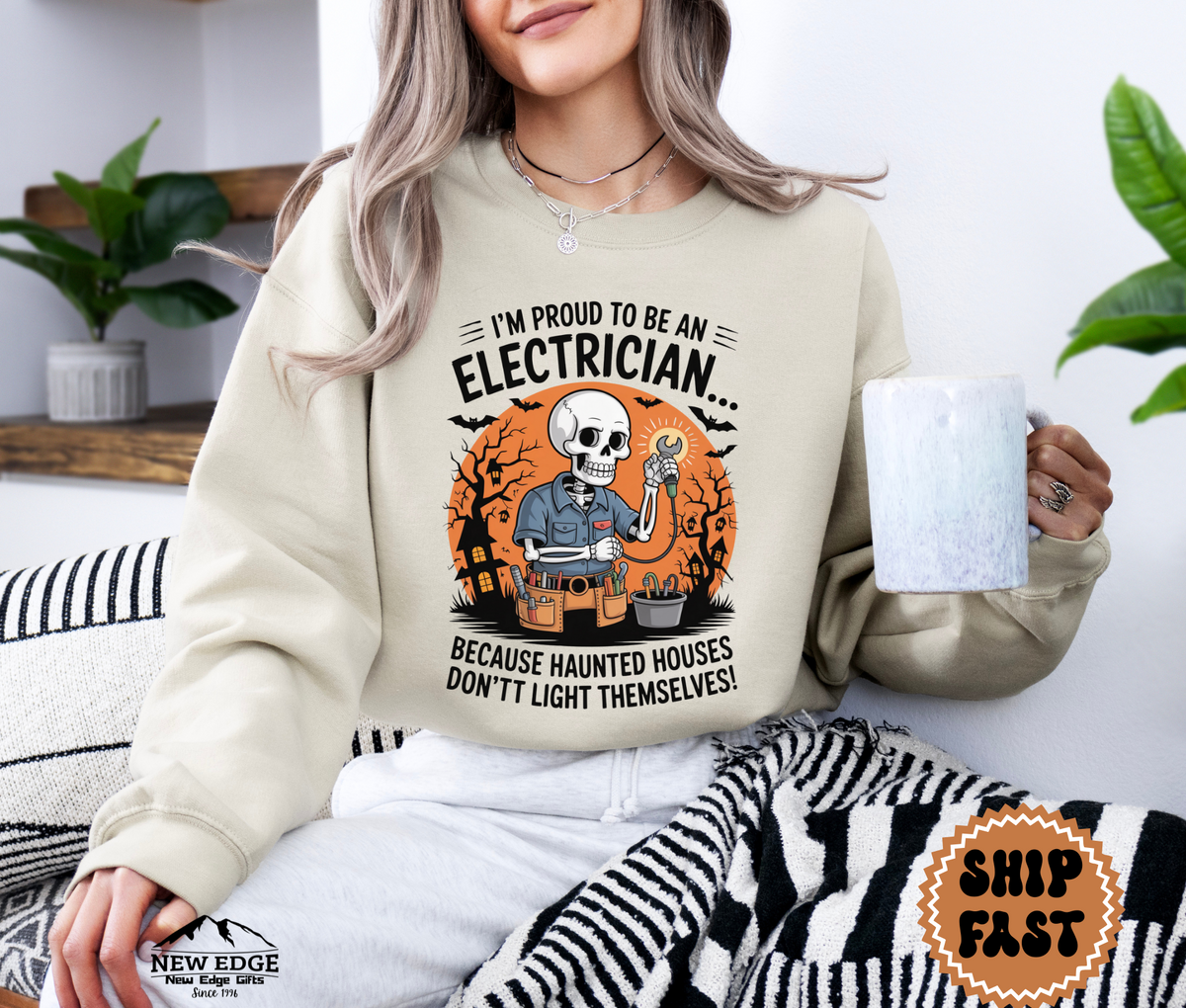Proud to Be an Electrician Halloween Sweatshirt – “Because Haunted Houses Don’t Light Themselves!” | Unisex Funny Spooky Workwear