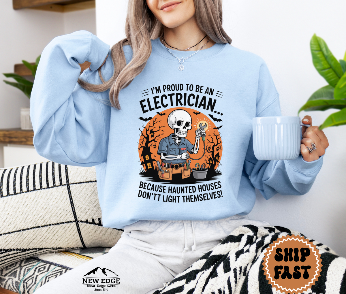 Proud to Be an Electrician Halloween Sweatshirt – “Because Haunted Houses Don’t Light Themselves!” | Unisex Funny Spooky Workwear