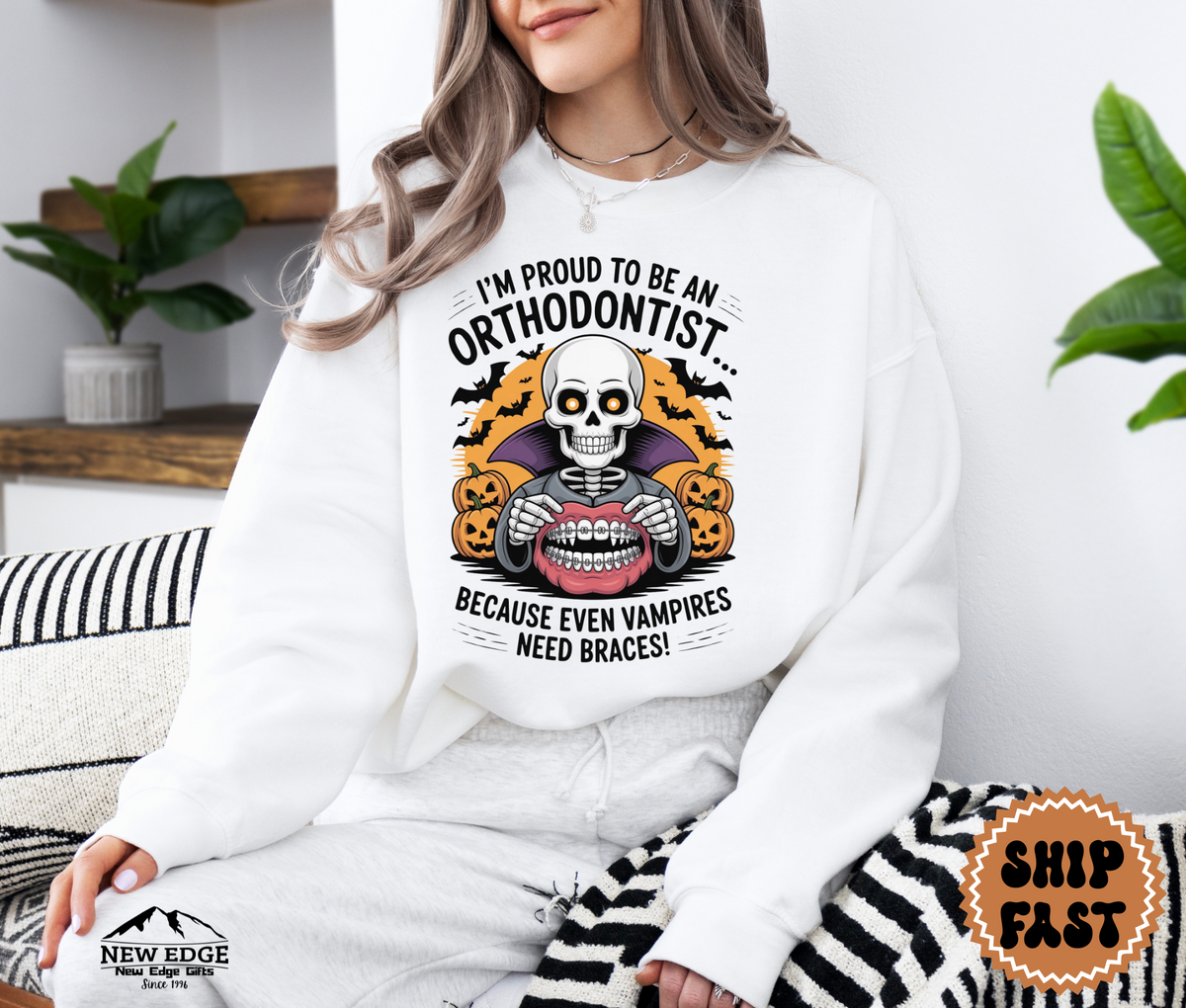 Proud to Be an Orthodontist Halloween Sweatshirt – “Because Even Vampires Need Braces!” | Unisex Funny Spooky Dental Crewneck