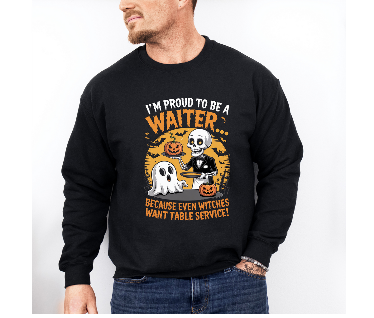 Proud to Be a Waiter Halloween Sweatshirt – “Because Even Witches Want Table Service!” | Unisex Funny Spooky Server Crewneck