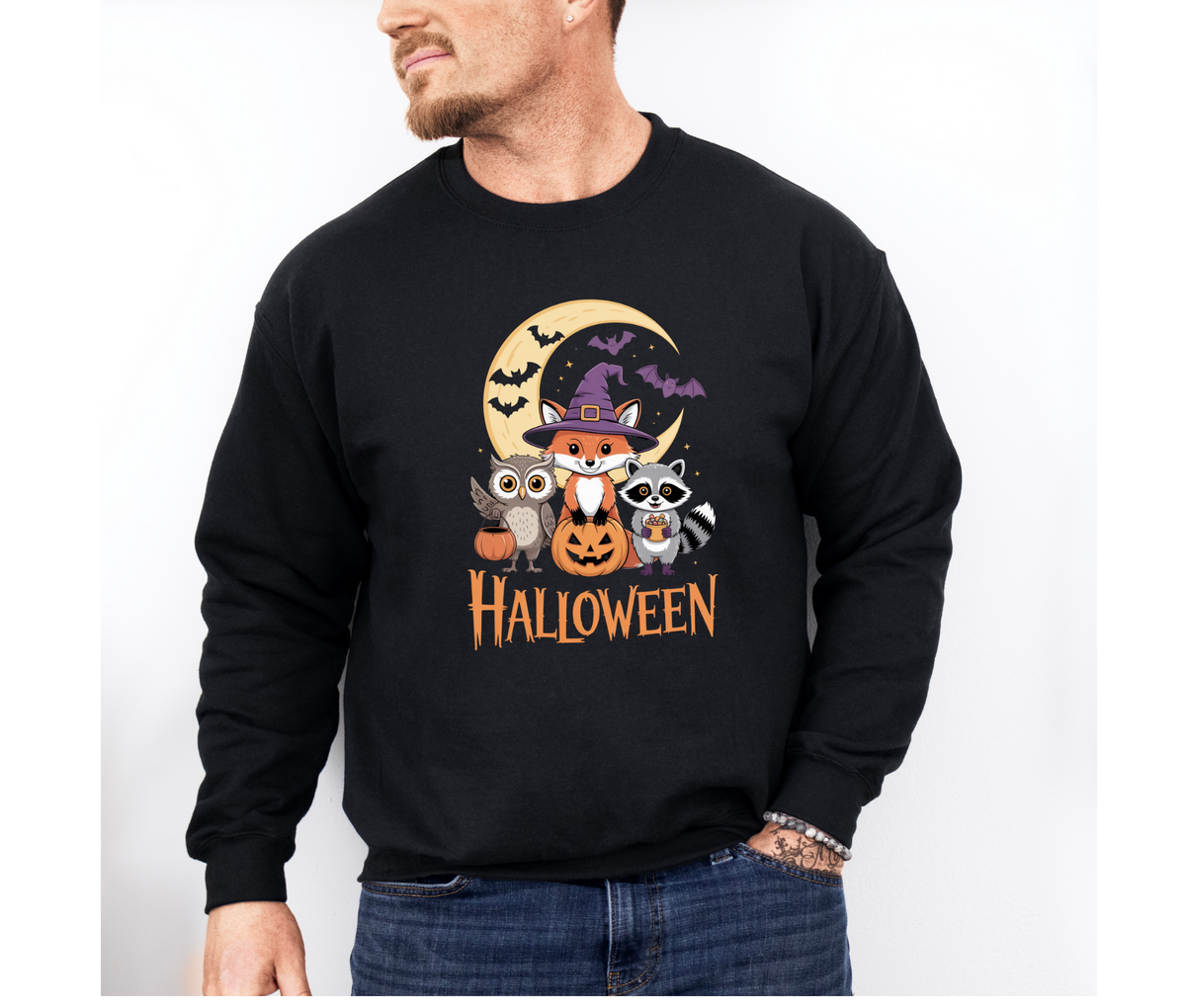 Unisex Animals Friends Halloween Sweatshirt | Spooky Animal Graphic Pullover | Cozy Fall & Halloween Crewneck