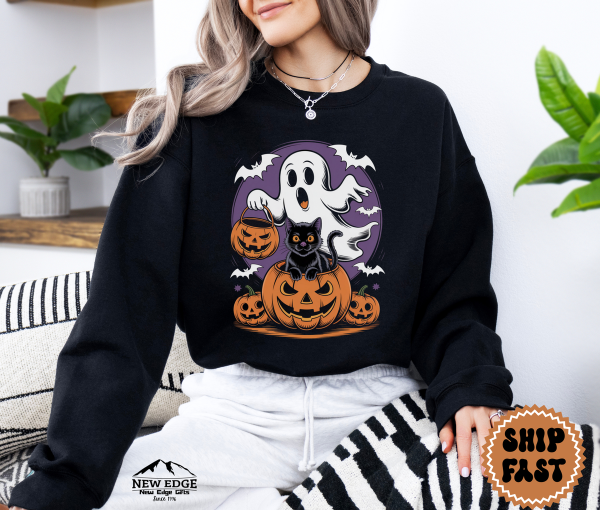 Unisex Ghost and Cat Halloween Sweatshirt | Spooky Cat Lover Pullover | Cozy Fall & Halloween Crewneck