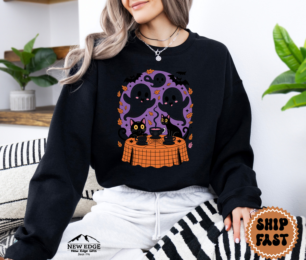 Unisex Ghost and Cat Tea Party Halloween Sweatshirt | Spooky Cozy Pullover | Cute Gothic Fall Crewneck