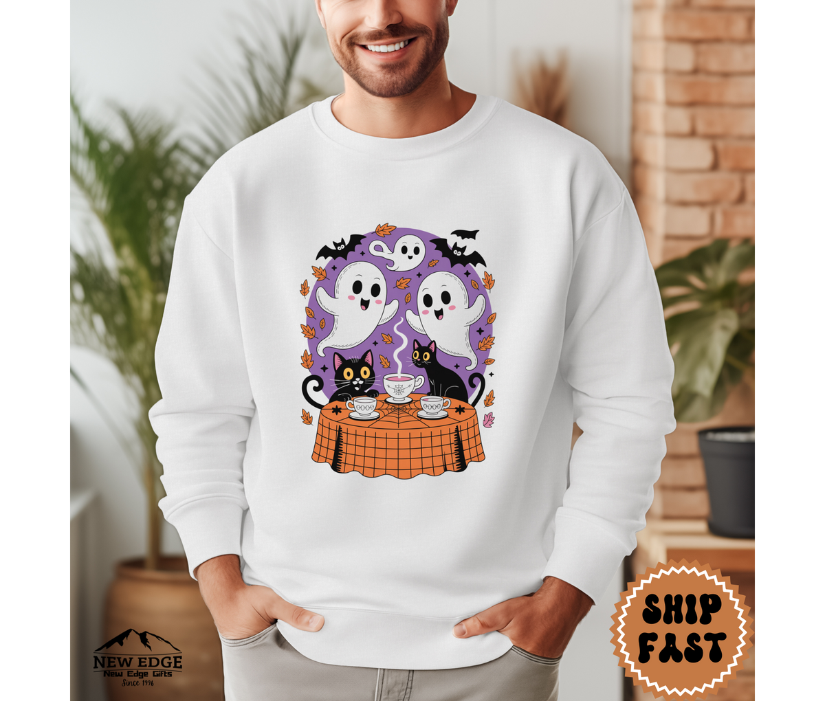 Unisex Ghost and Cat Tea Party Halloween Sweatshirt | Spooky Cozy Pullover | Cute Gothic Fall Crewneck