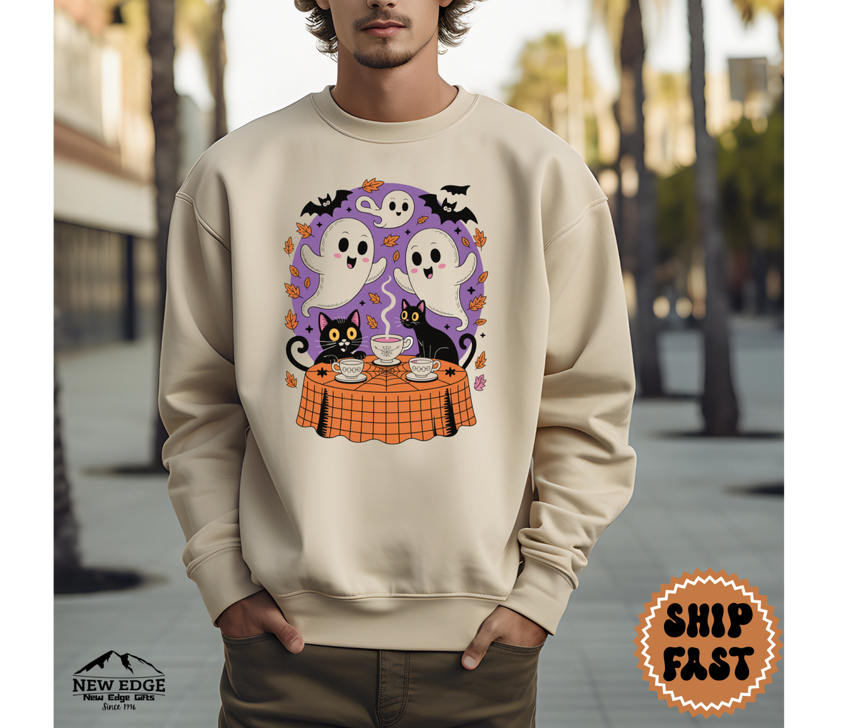 Unisex Ghost and Cat Tea Party Halloween Sweatshirt | Spooky Cozy Pullover | Cute Gothic Fall Crewneck