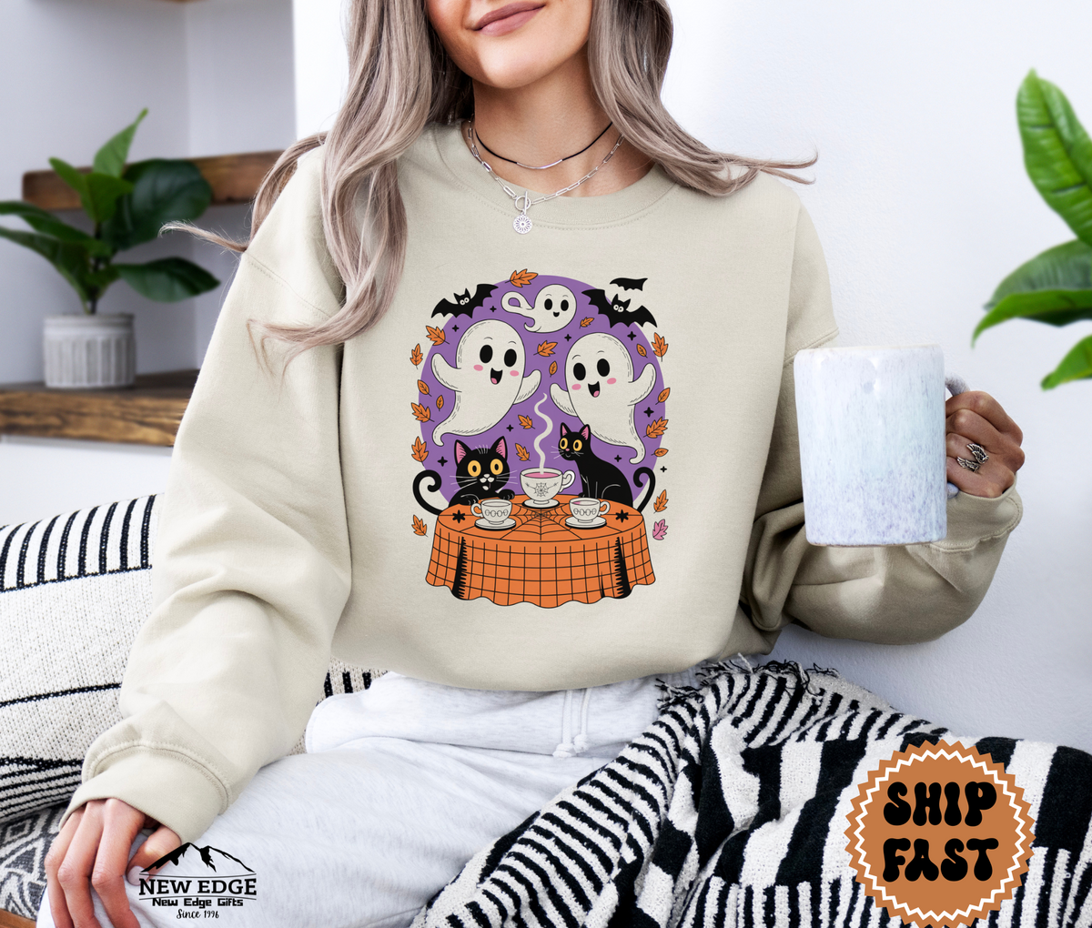 Unisex Ghost and Cat Tea Party Halloween Sweatshirt | Spooky Cozy Pullover | Cute Gothic Fall Crewneck