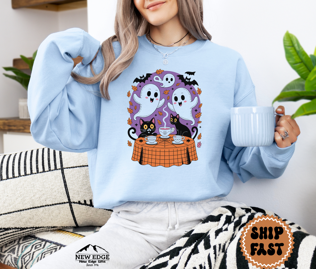 Unisex Ghost and Cat Tea Party Halloween Sweatshirt | Spooky Cozy Pullover | Cute Gothic Fall Crewneck