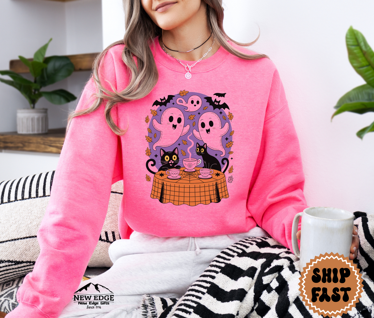 Unisex Ghost and Cat Tea Party Halloween Sweatshirt | Spooky Cat Lover Pullover | Cozy Gothic Fall Crewneck