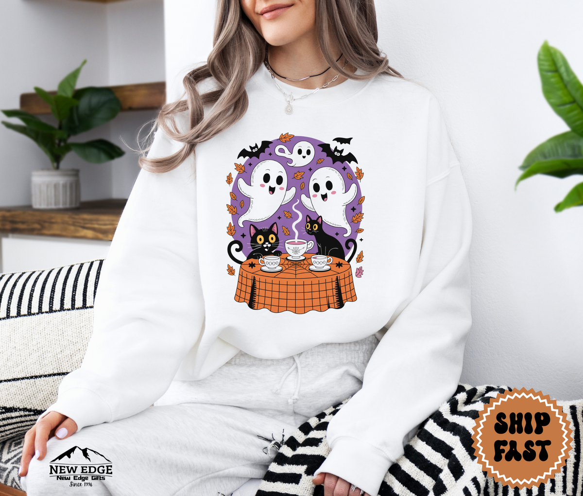 Unisex Ghost and Cat Tea Party Halloween Sweatshirt | Spooky Cat Lover Pullover | Cozy Gothic Fall Crewneck