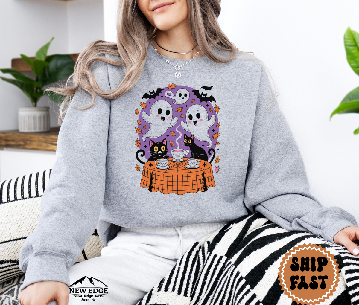 Unisex Ghost and Cat Tea Party Halloween Sweatshirt | Spooky Cat Lover Pullover | Cozy Gothic Fall Crewneck