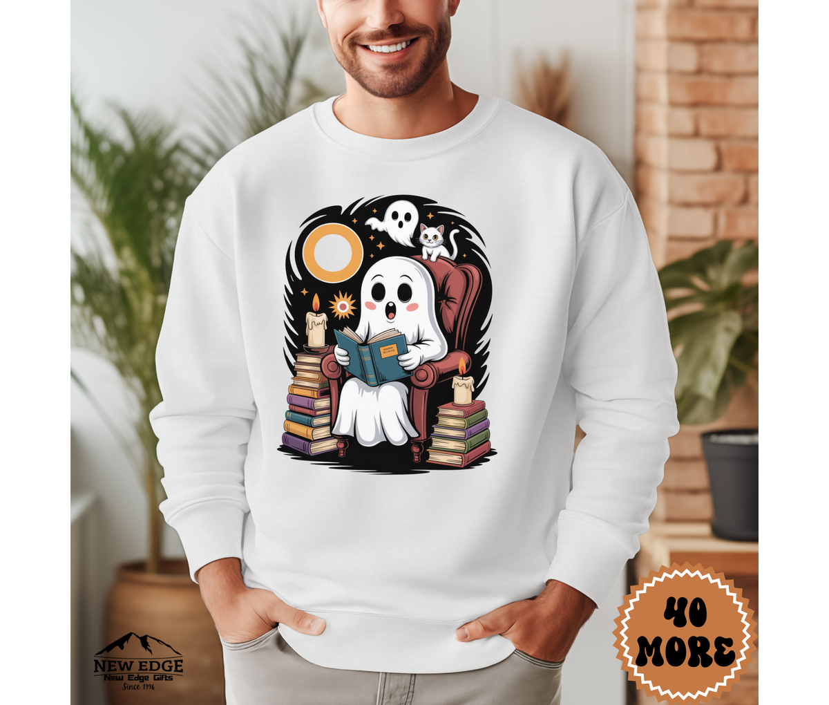 Unisex Ghost Reading Book Halloween Sweatshirt | Spooky Book Lover Pullover | Cozy Fall Gothic Crewneck
