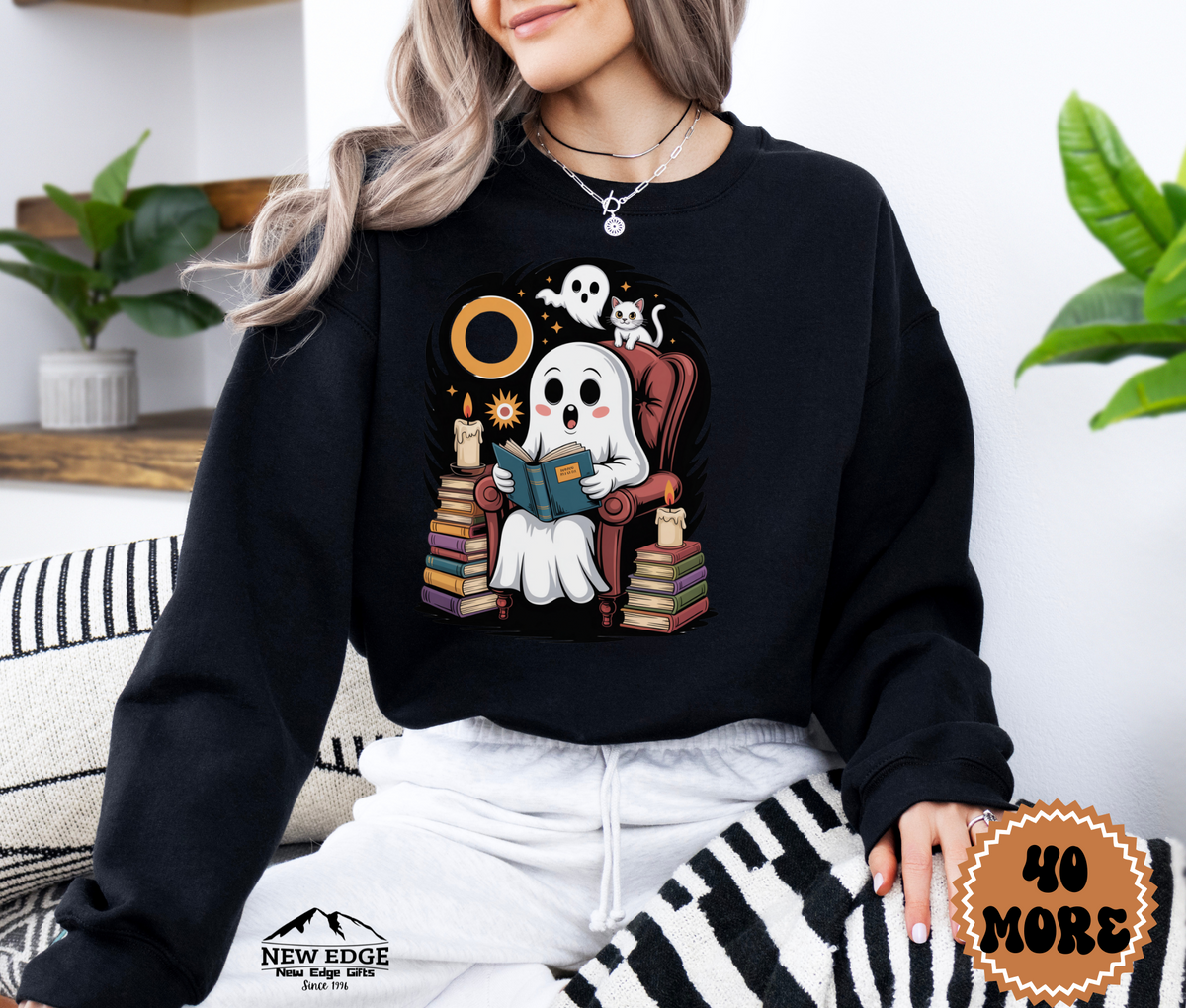 Unisex Ghost Reading Book Halloween Sweatshirt | Spooky Book Lover Pullover | Cozy Fall Gothic Crewneck