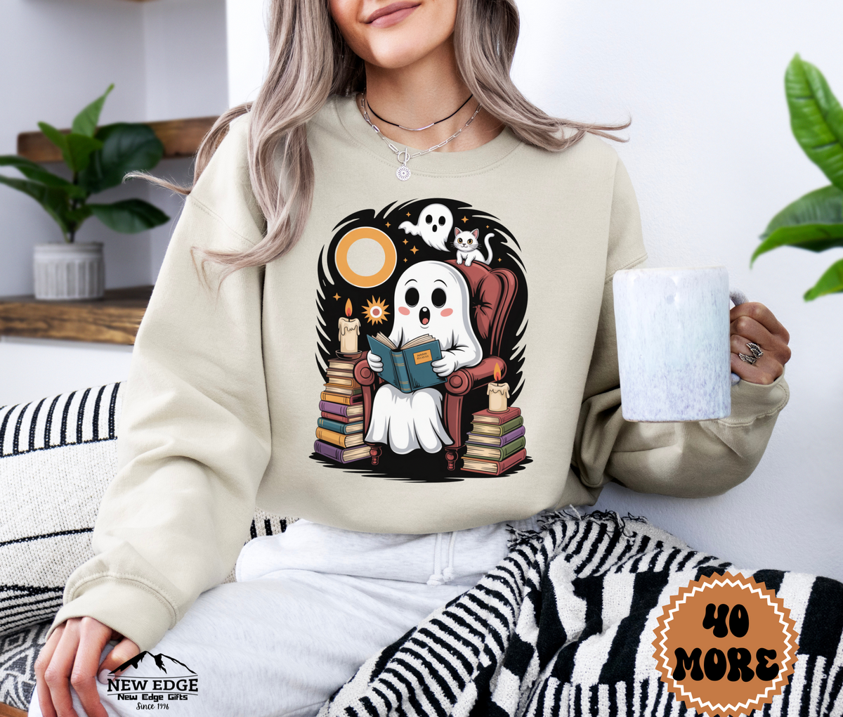 Unisex Ghost Reading Book Halloween Sweatshirt | Spooky Book Lover Pullover | Cozy Fall Gothic Crewneck