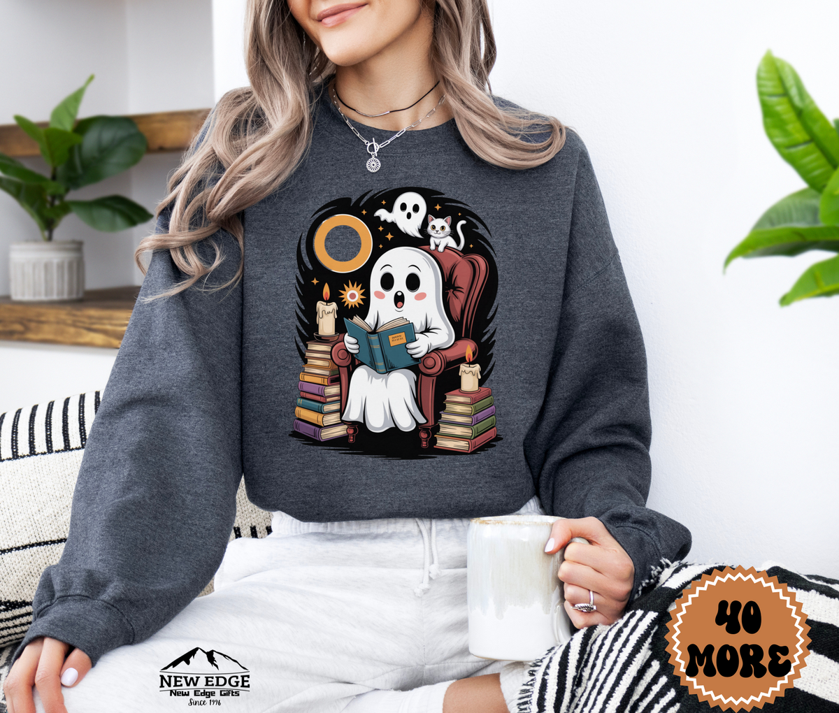 Unisex Ghost Reading Book Halloween Sweatshirt | Spooky Book Lover Pullover | Cozy Fall Gothic Crewneck