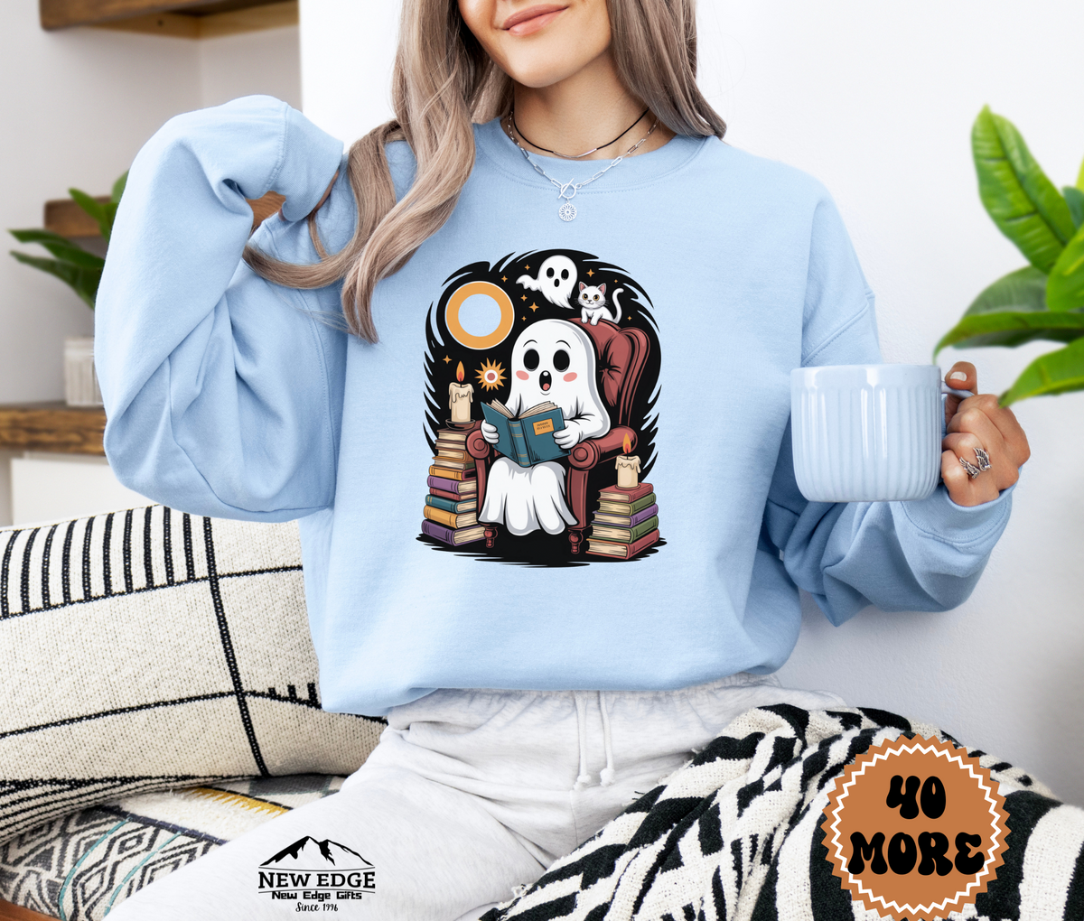Unisex Ghost Reading Book Halloween Sweatshirt | Spooky Book Lover Pullover | Cozy Fall Gothic Crewneck