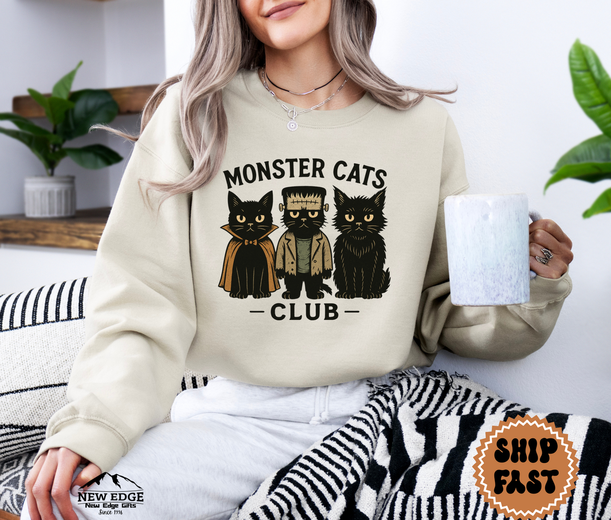 Unisex Monster Cats Club Halloween Sweatshirt | Spooky Cat Lover Pullover | Cozy Gothic Fall Crewneck
