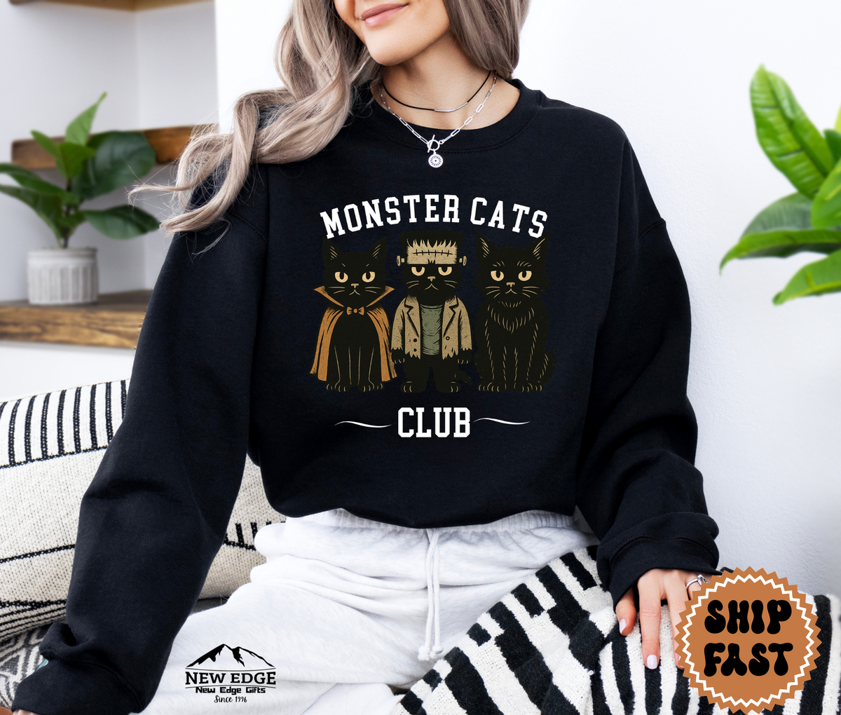 Unisex Monster Cats Club Halloween Sweatshirt | Spooky Cat Lover Pullover | Cozy Gothic Fall Crewneck