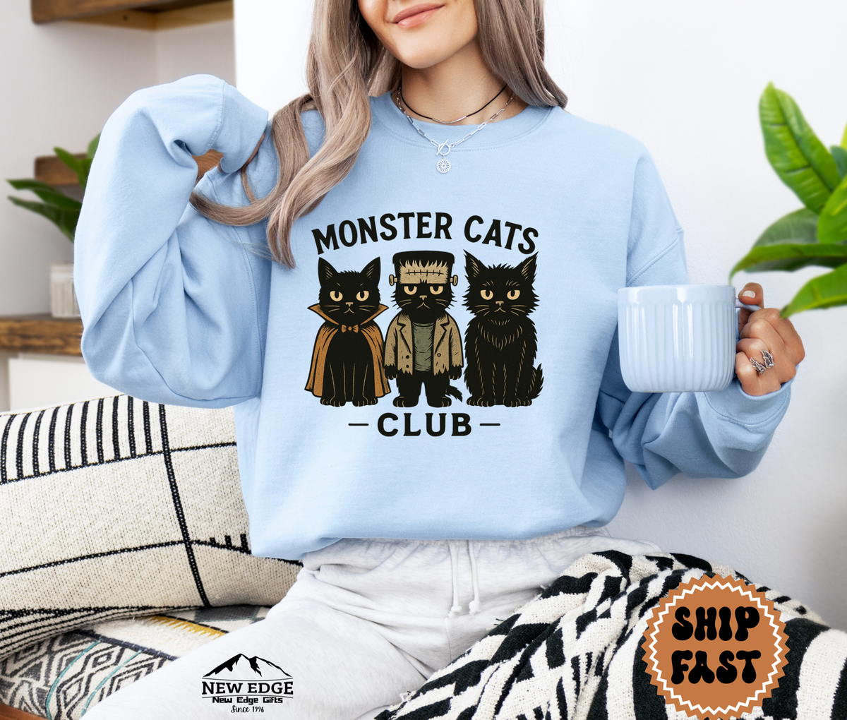 Unisex Monster Cats Club Halloween Sweatshirt | Spooky Cat Lover Pullover | Cozy Gothic Fall Crewneck