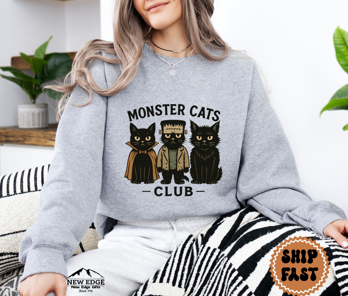 Unisex Monster Cats Club Halloween Sweatshirt | Spooky Cat Lover Pullover | Cozy Gothic Fall Crewneck