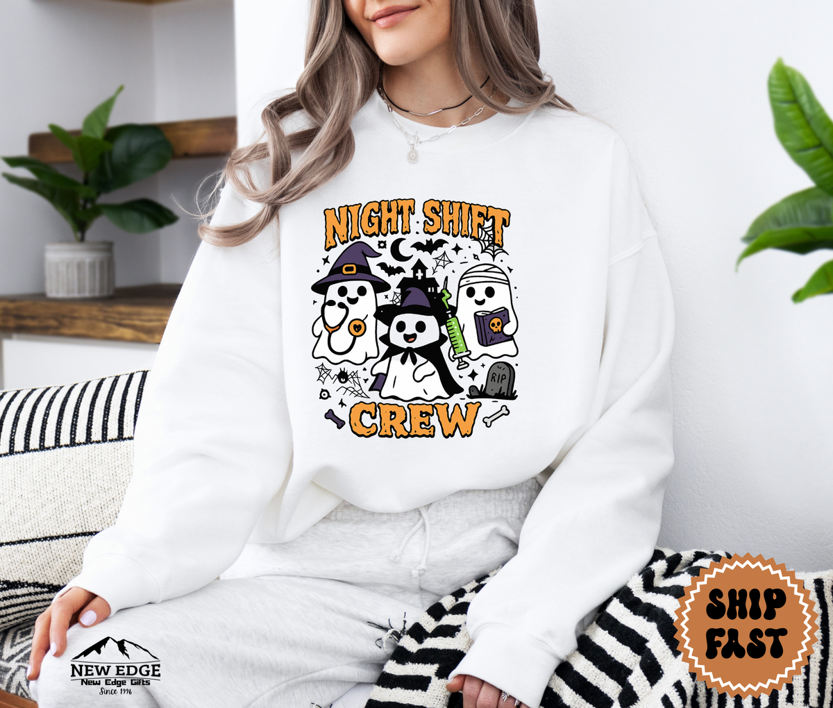 Unisex Nurse Night Shift Crew Halloween Sweatshirt | Funny Spooky Ghost Nurse Costume Top