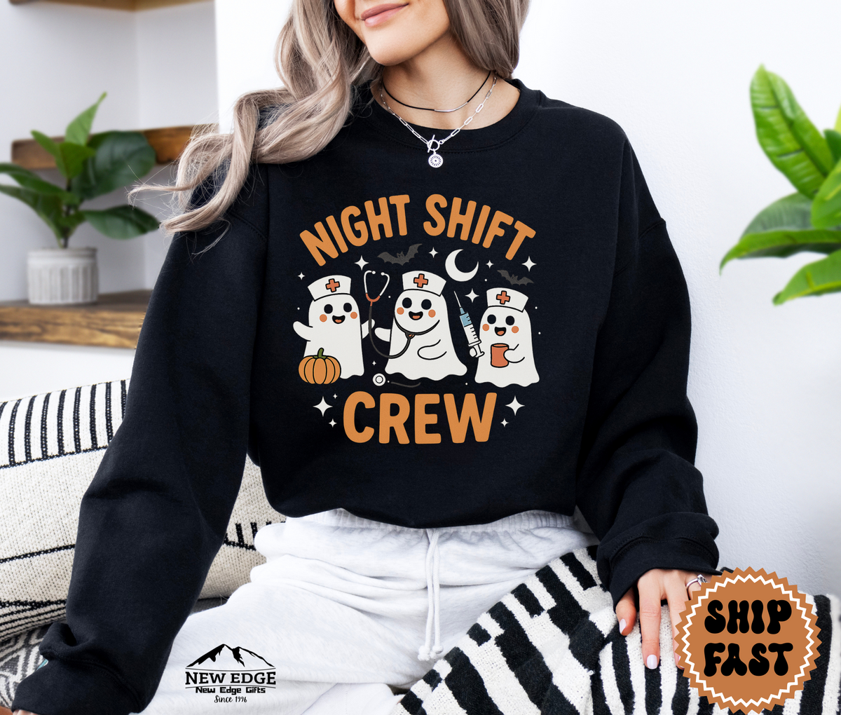 Unisex Nurse Night Shift Crew Halloween Sweatshirt | Funny Spooky Ghost Nurse Costume Top