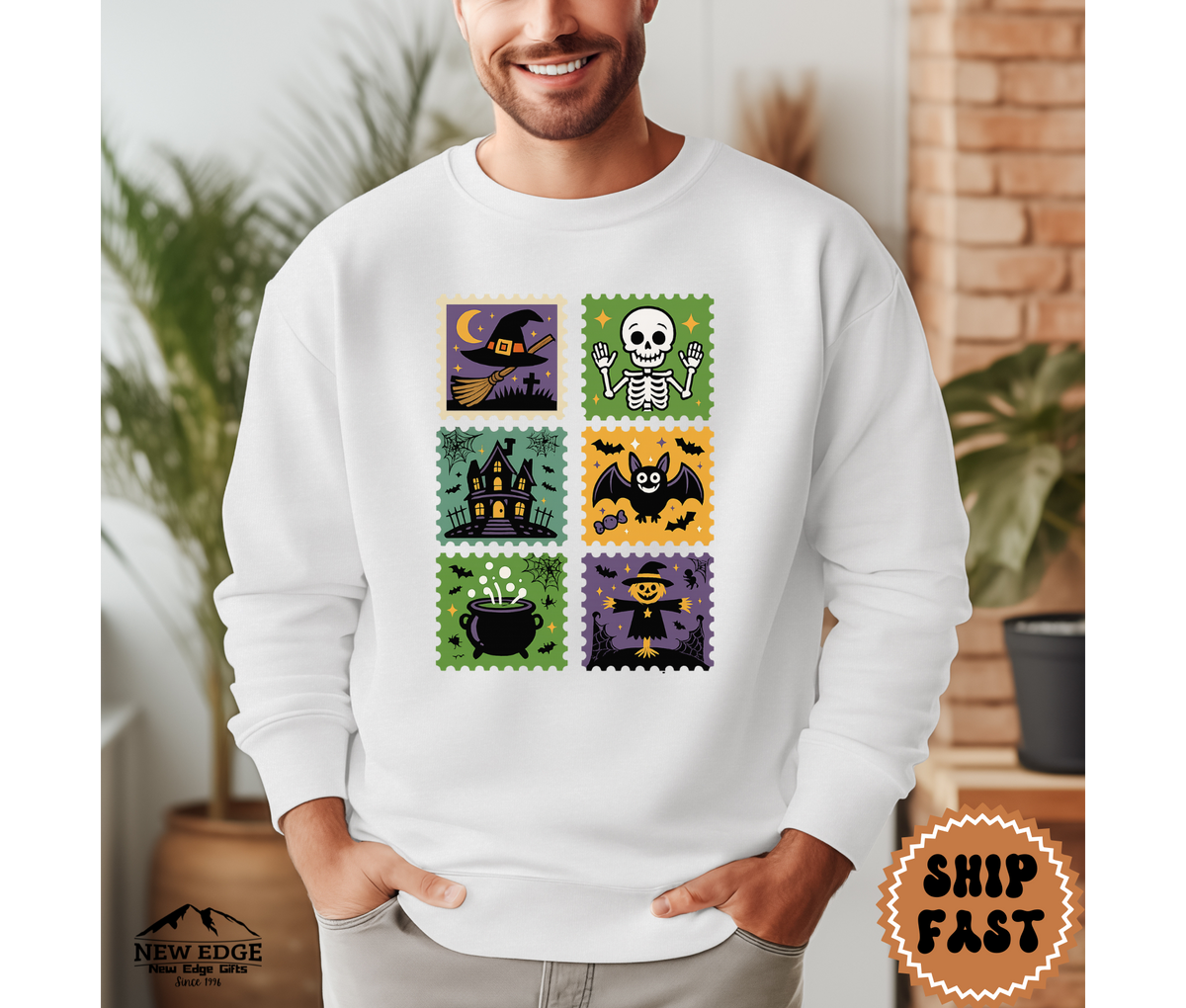 Unisex Postage Stamp Halloween Sweatshirt – Retro Spooky Skeleton, Witch, Haunted House & Bat Graphic Pullover
