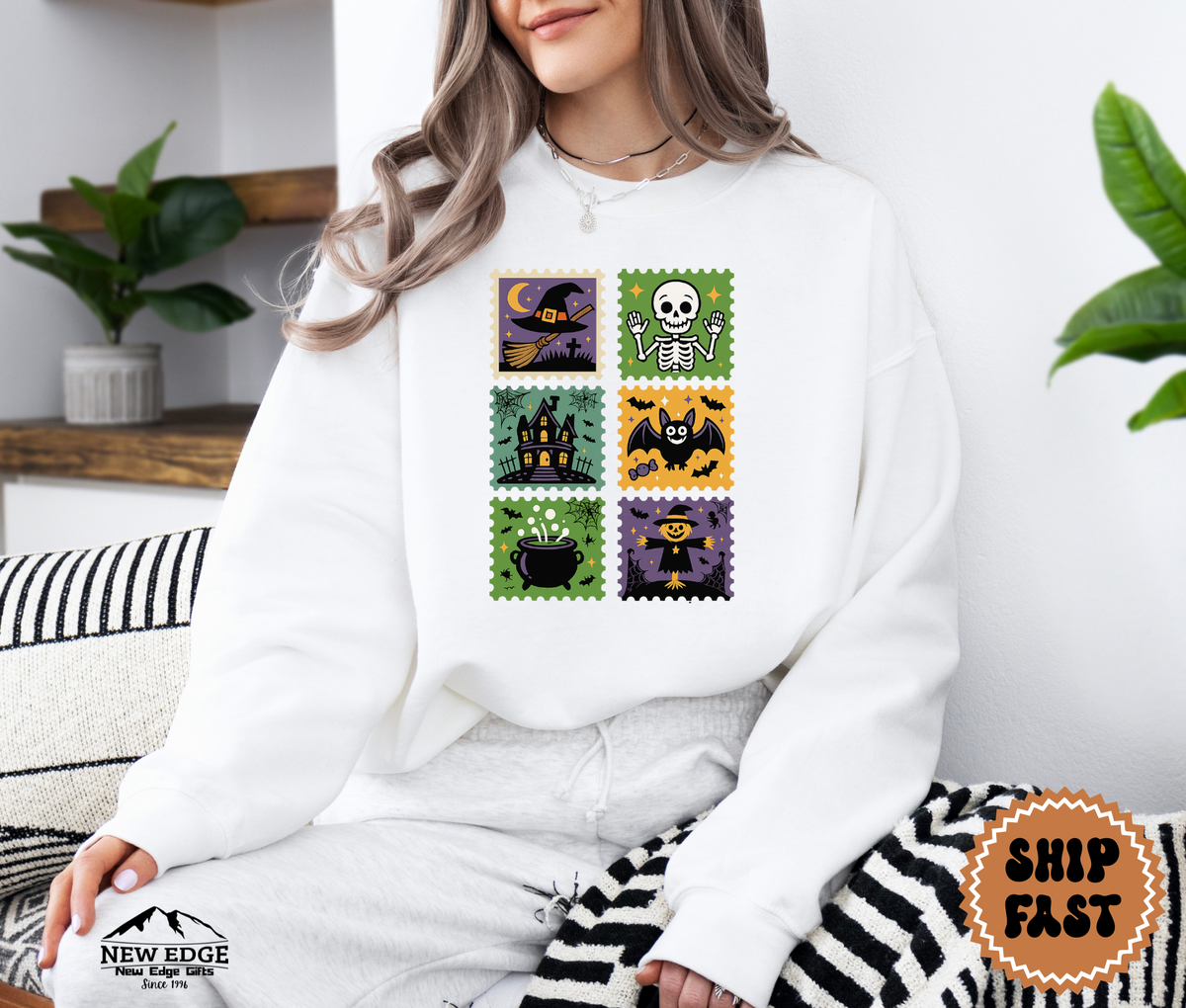 Unisex Postage Stamp Halloween Sweatshirt – Retro Spooky Skeleton, Witch, Haunted House & Bat Graphic Pullover