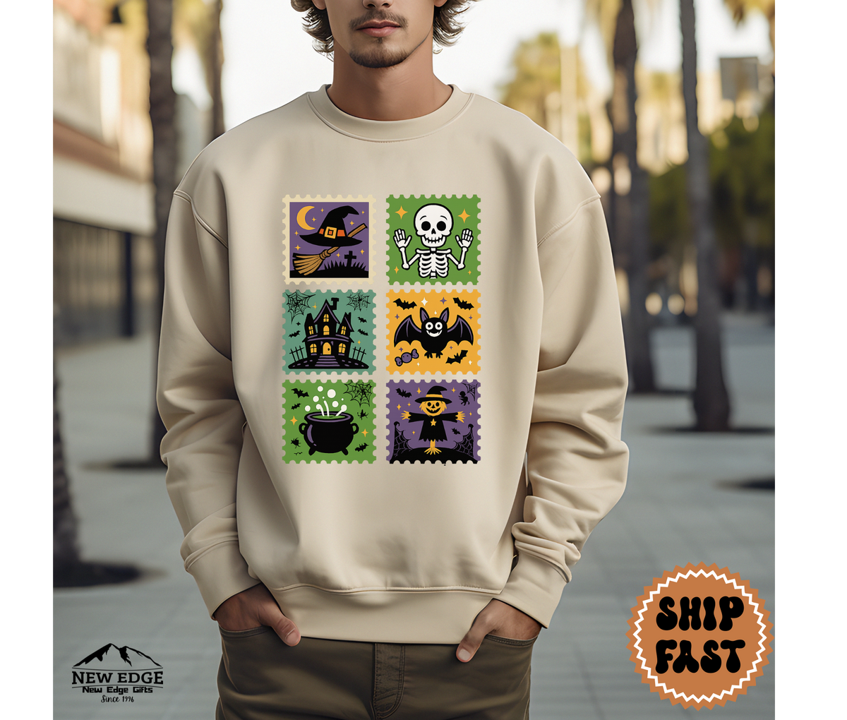 Unisex Postage Stamp Halloween Sweatshirt – Retro Spooky Skeleton, Witch, Haunted House & Bat Graphic Pullover