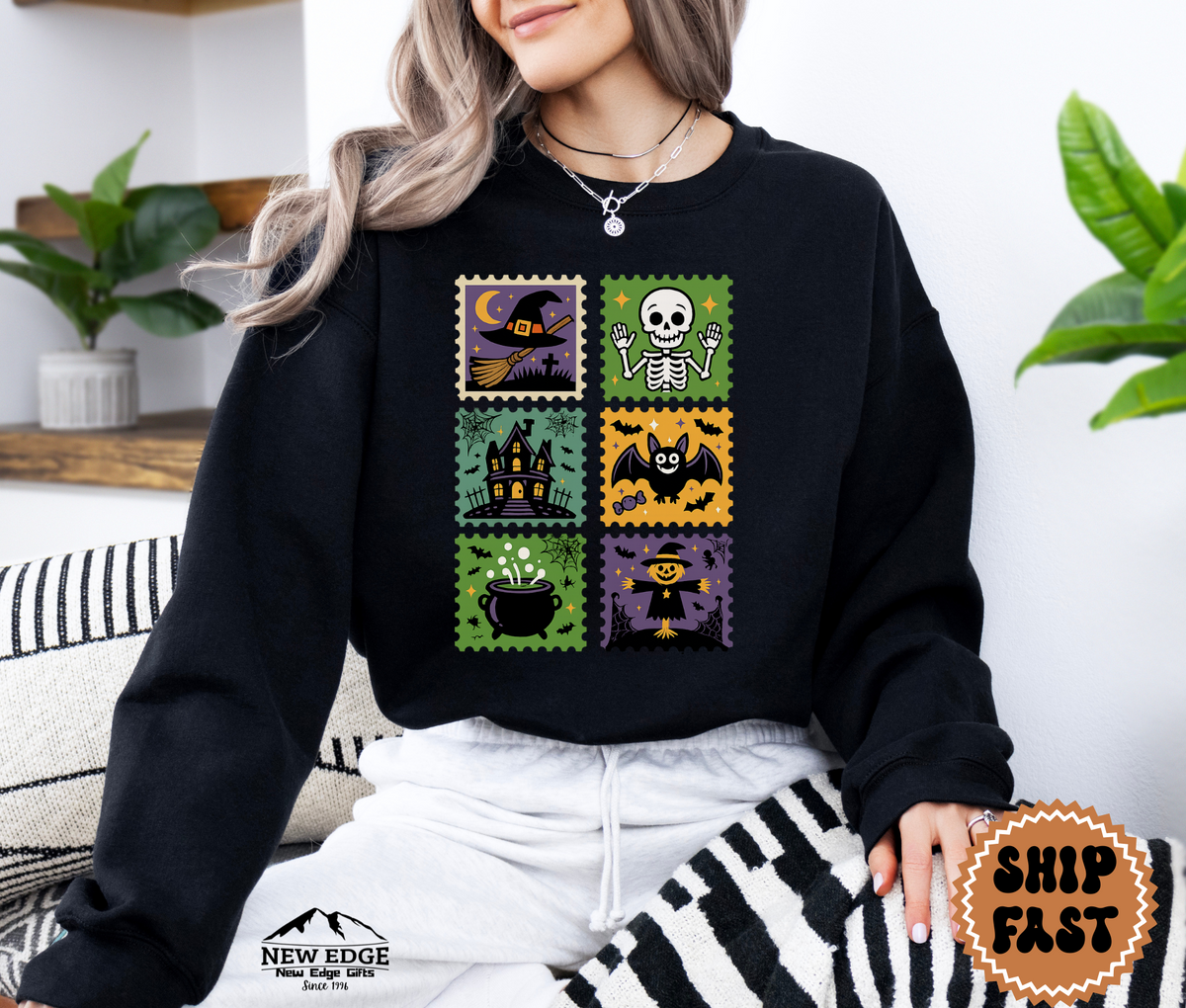 Unisex Postage Stamp Halloween Sweatshirt – Retro Spooky Skeleton, Witch, Haunted House & Bat Graphic Pullover