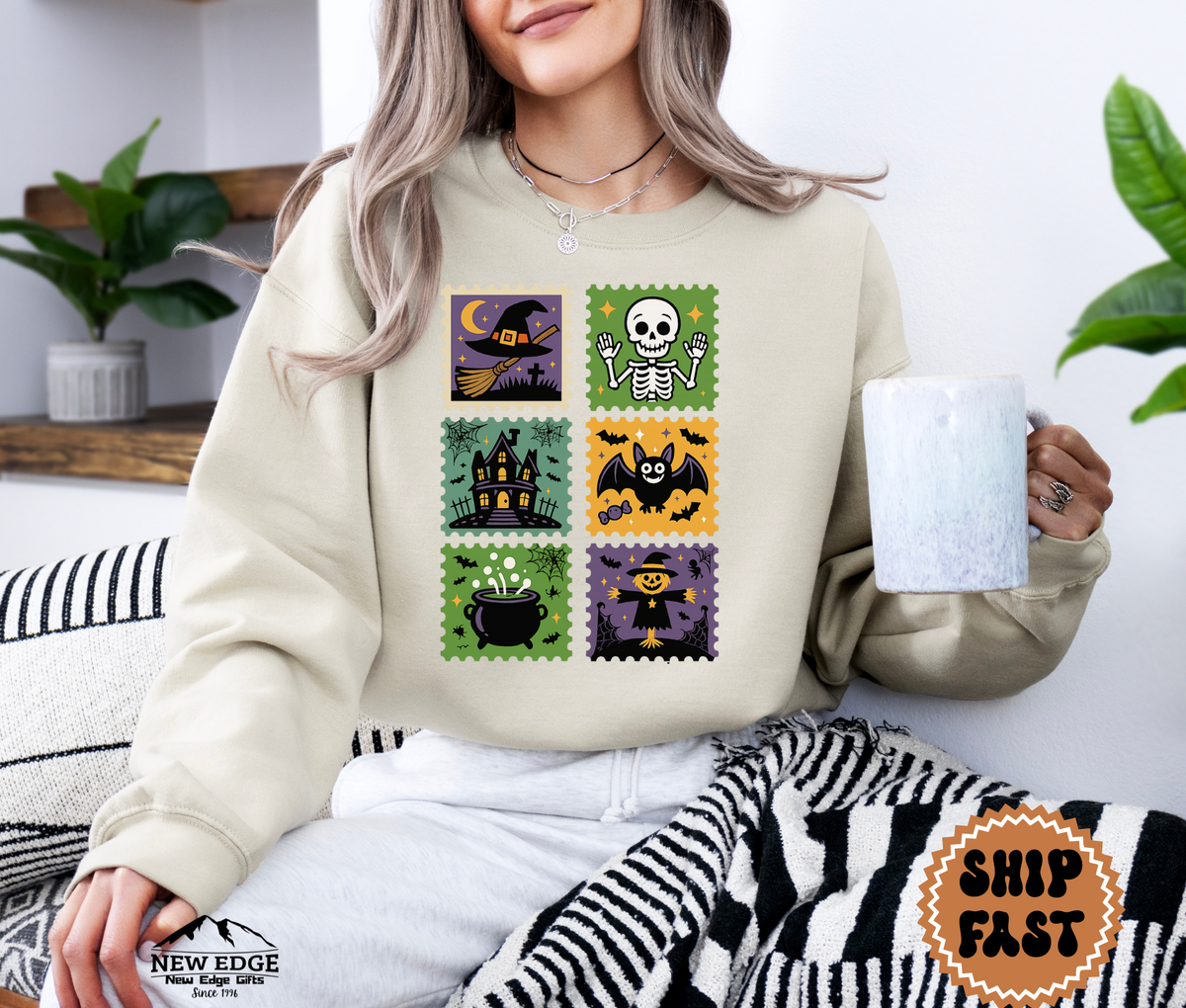 Unisex Postage Stamp Halloween Sweatshirt – Retro Spooky Skeleton, Witch, Haunted House & Bat Graphic Pullover
