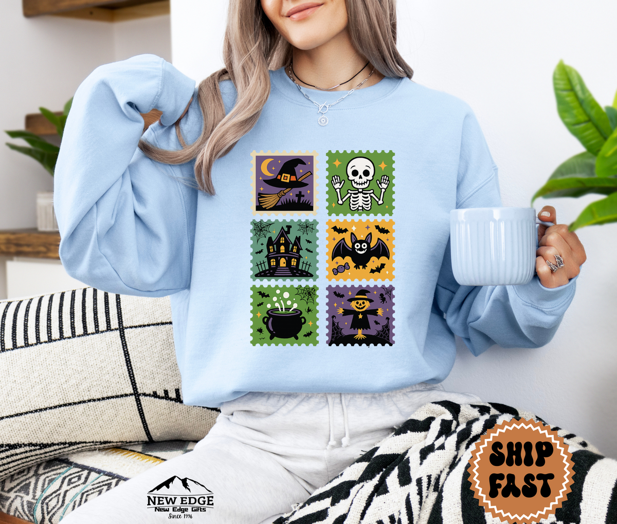 Unisex Postage Stamp Halloween Sweatshirt – Retro Spooky Skeleton, Witch, Haunted House & Bat Graphic Pullover