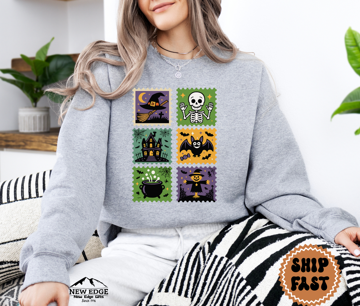 Unisex Postage Stamp Halloween Sweatshirt – Retro Spooky Skeleton, Witch, Haunted House & Bat Graphic Pullover