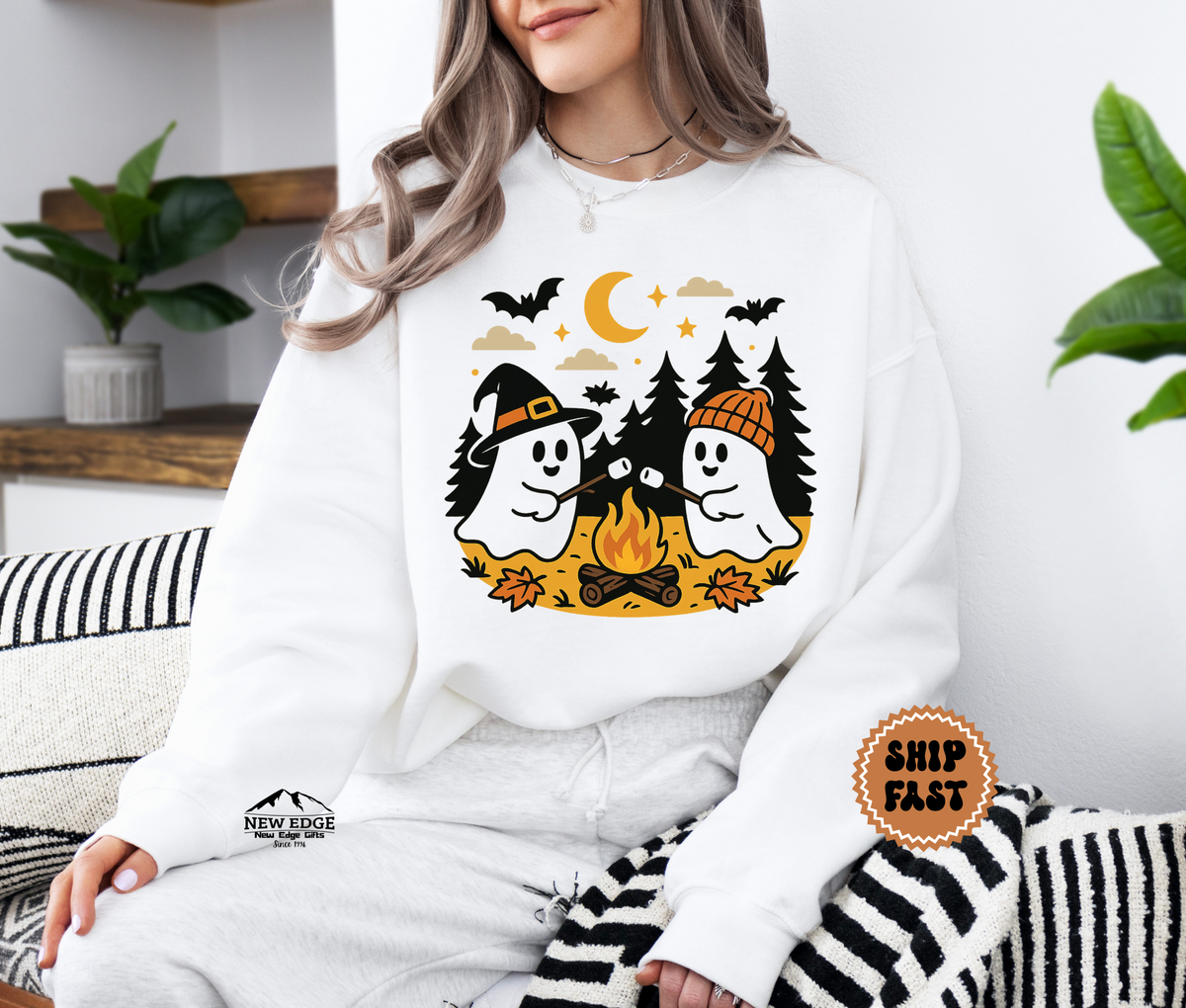 Unisex Ghost Roasting Mushrooms Halloween Sweatshirt – Spooky Bonfire Cozy Fall Pullover