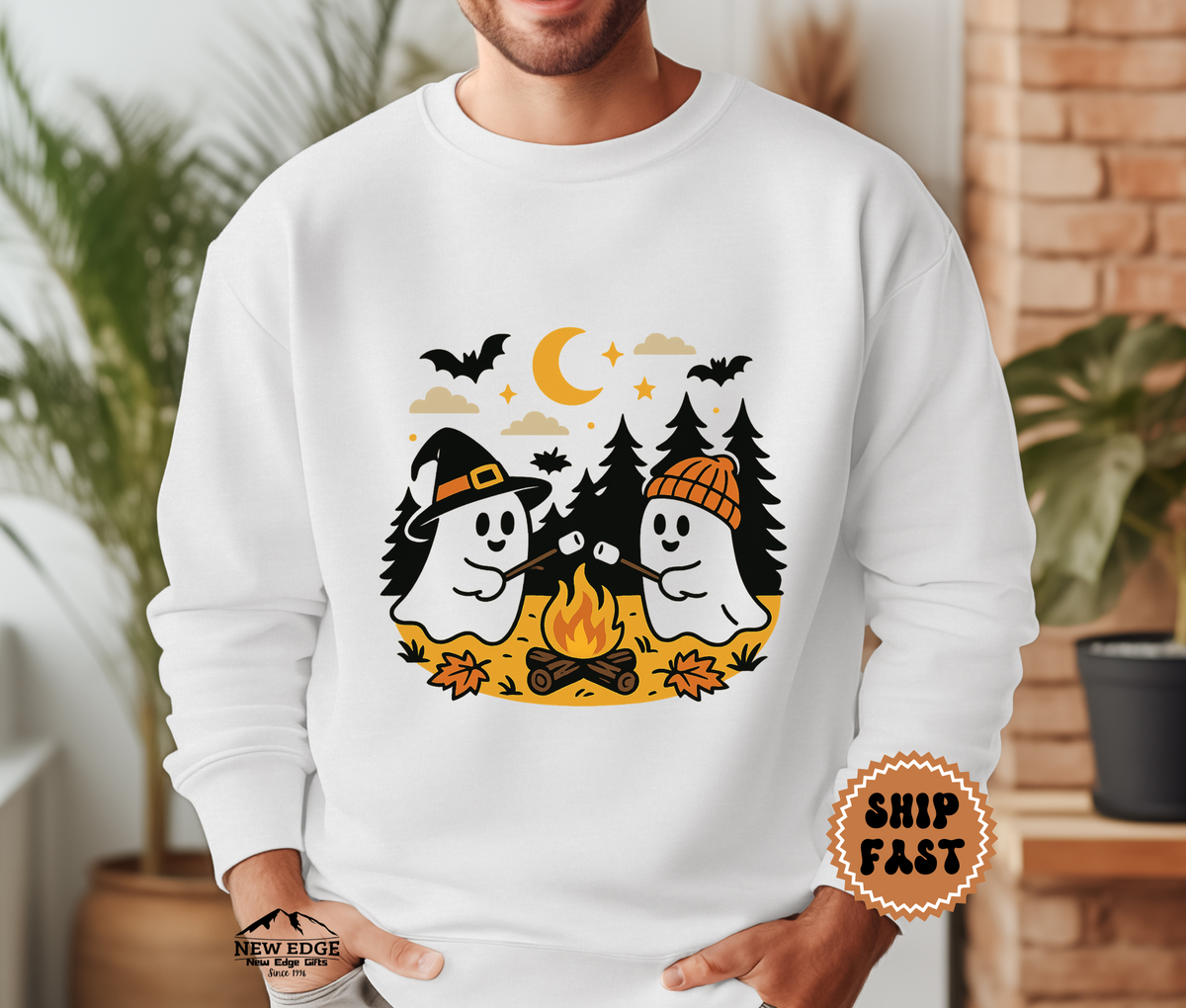 Unisex Ghost Roasting Mushrooms Halloween Sweatshirt – Spooky Bonfire Cozy Fall Pullover