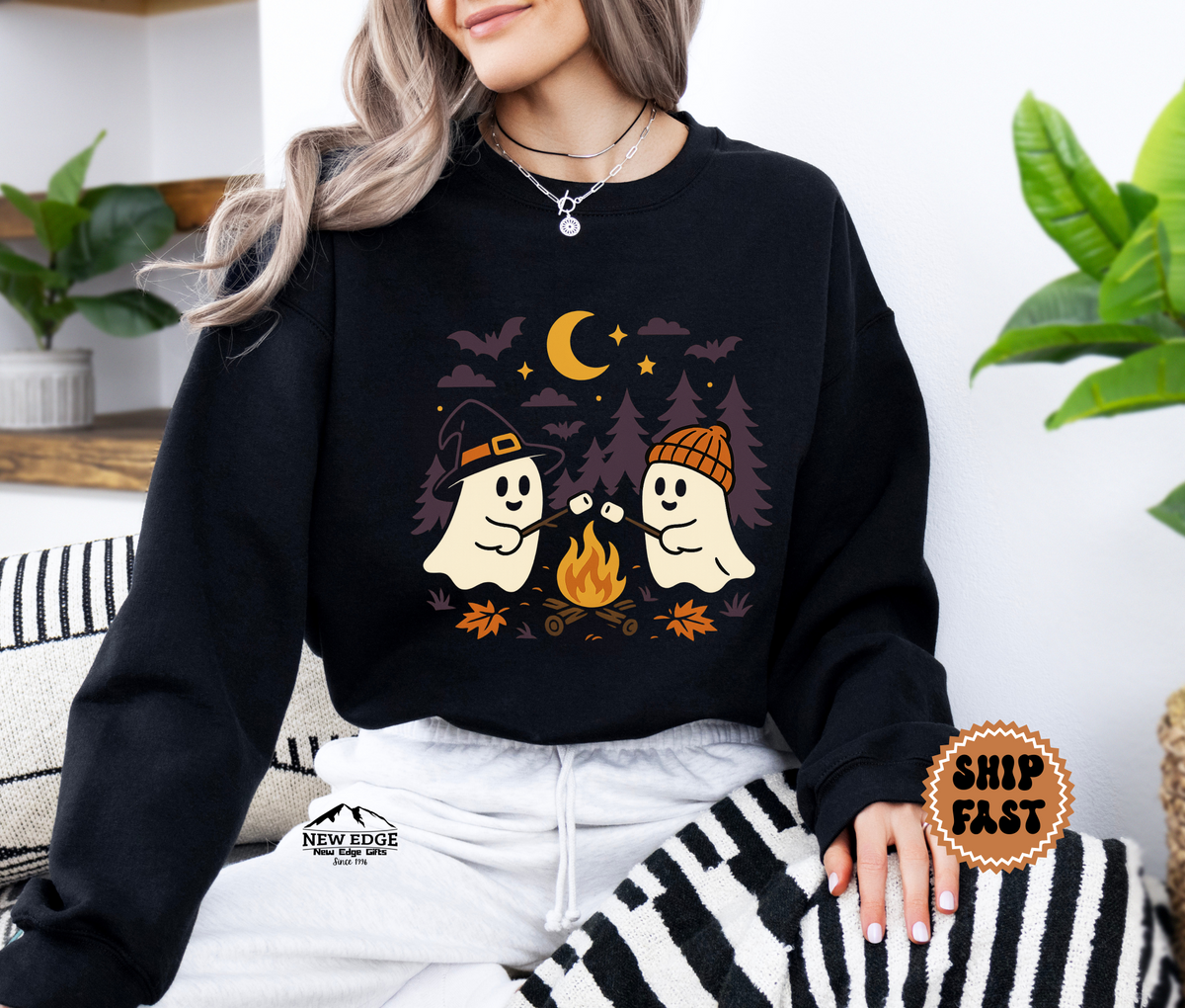 Unisex Ghost Roasting Mushrooms Halloween Sweatshirt – Spooky Bonfire Cozy Fall Pullover