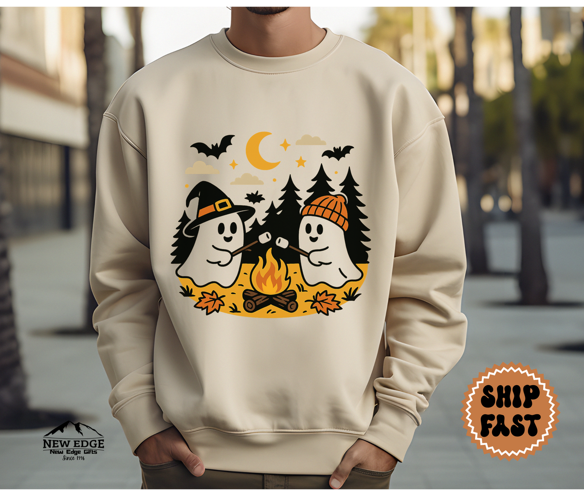 Unisex Ghost Roasting Mushrooms Halloween Sweatshirt – Spooky Bonfire Cozy Fall Pullover