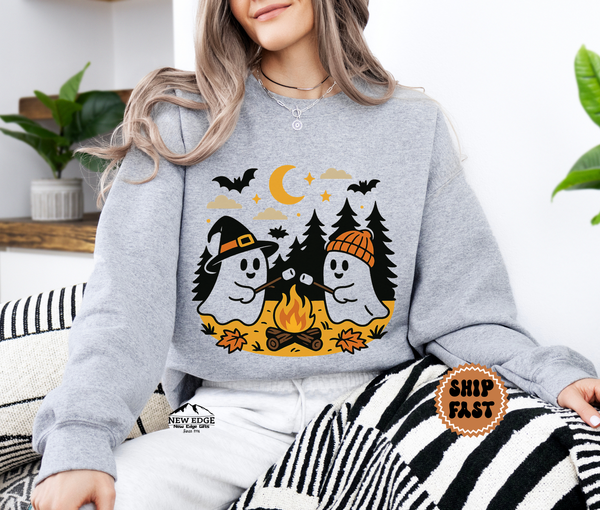 Unisex Ghost Roasting Mushrooms Halloween Sweatshirt – Spooky Bonfire Cozy Fall Pullover