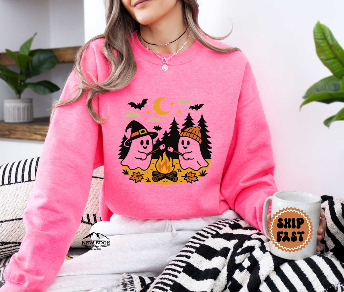 Unisex Ghost Roasting Mushrooms Halloween Sweatshirt – Spooky Bonfire Cozy Fall Pullover