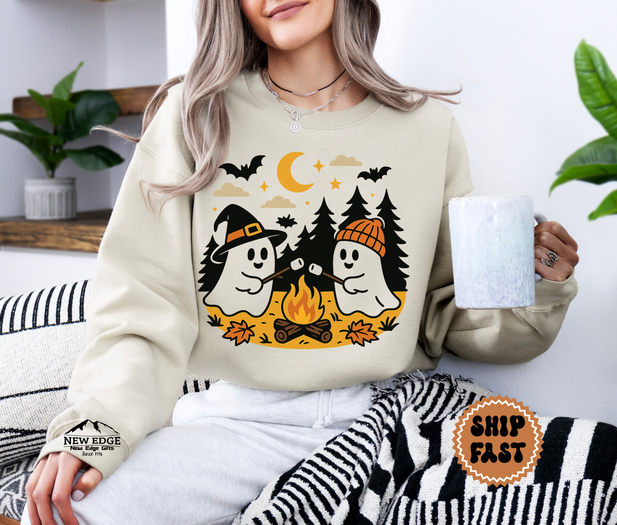 Unisex Ghost Roasting Mushrooms Halloween Sweatshirt – Spooky Bonfire Cozy Fall Pullover