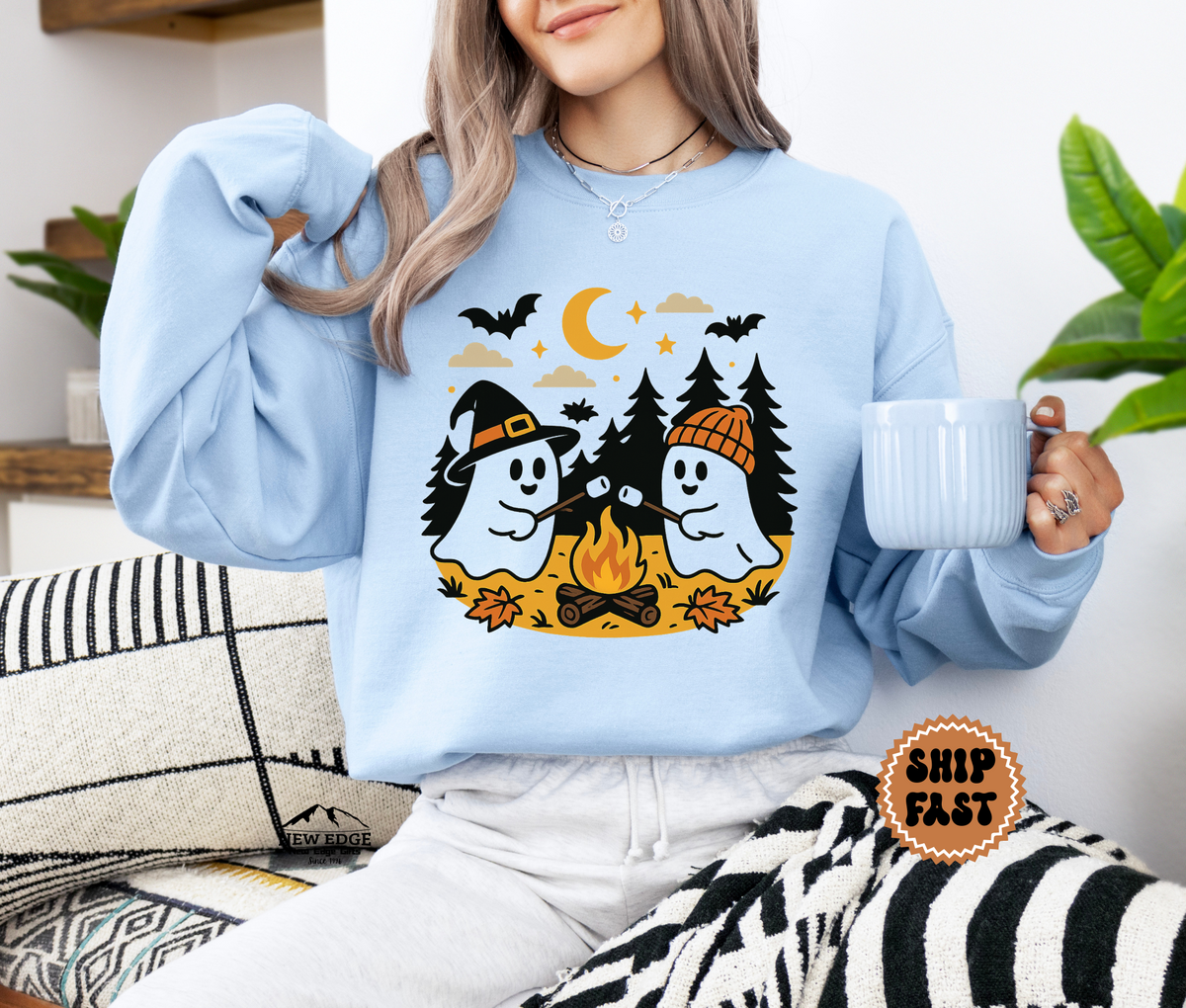 Unisex Ghost Roasting Mushrooms Halloween Sweatshirt – Spooky Bonfire Cozy Fall Pullover