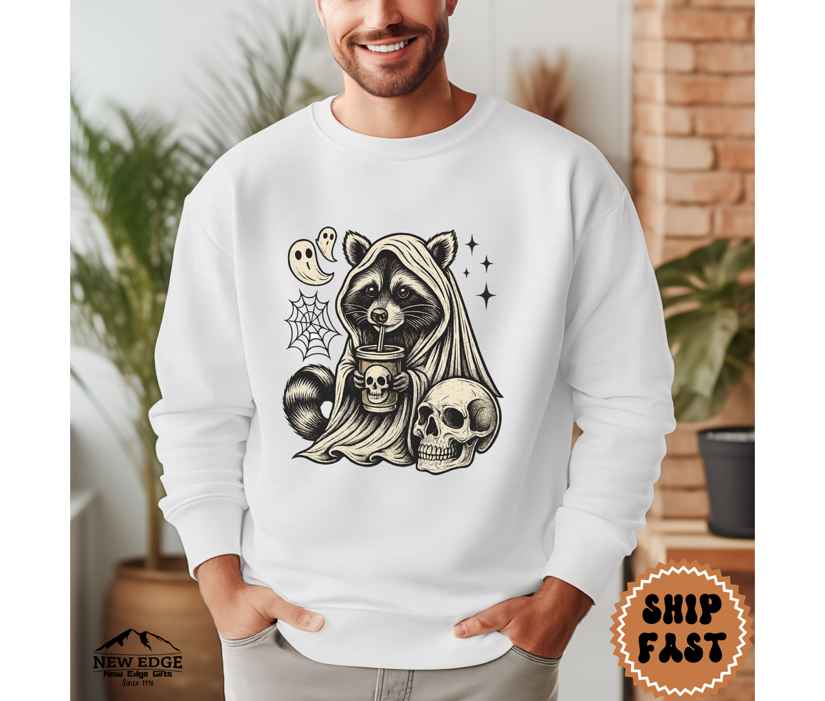 Unisex Raccoon with Skull and Drink Halloween Sweatshirt – Spooky Forest Party Cozy Fall Pullover
