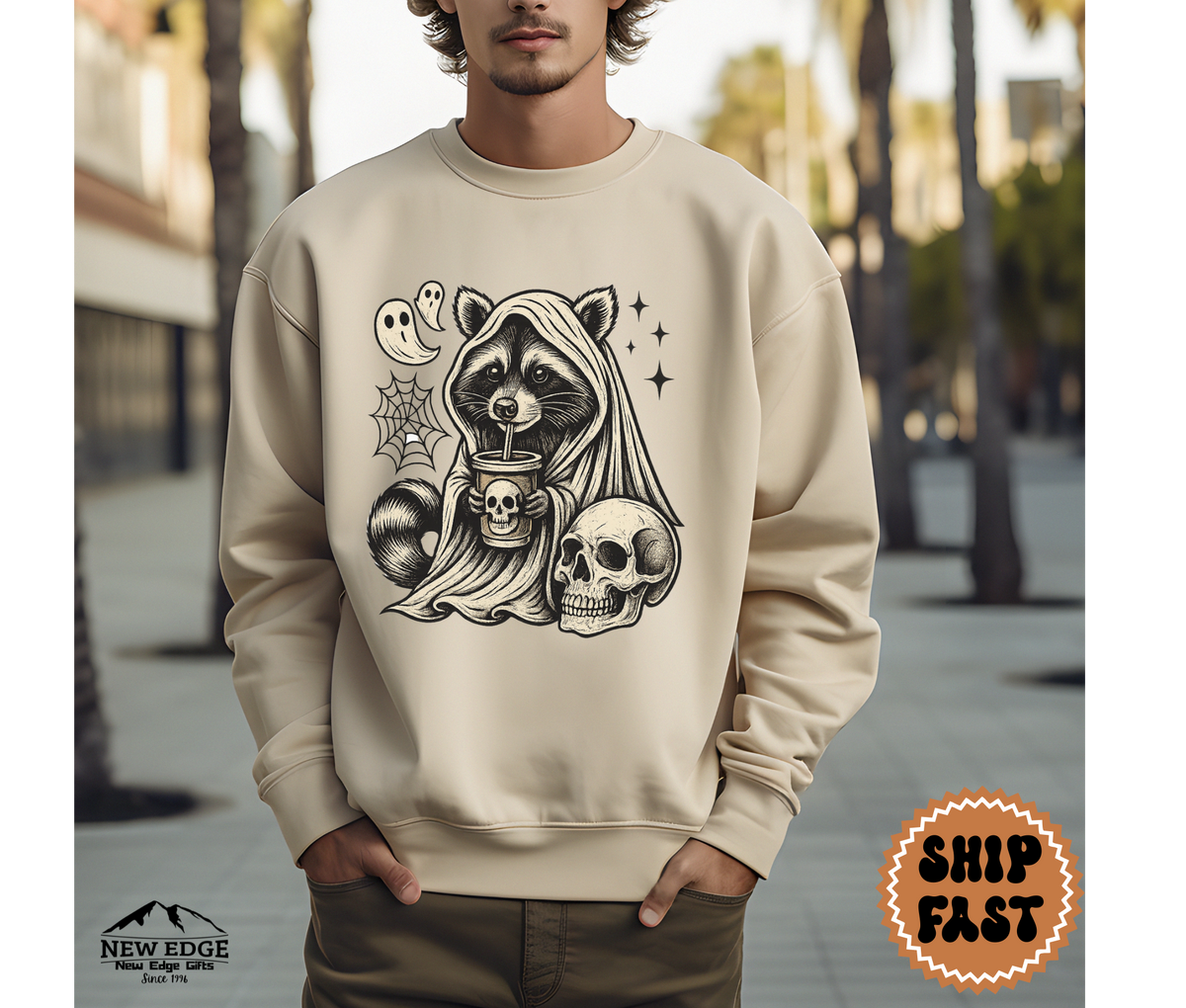 Unisex Raccoon with Skull and Drink Halloween Sweatshirt – Spooky Forest Party Cozy Fall Pullover