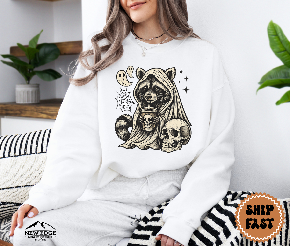 Unisex Raccoon with Skull and Drink Halloween Sweatshirt – Spooky Forest Party Cozy Fall Pullover