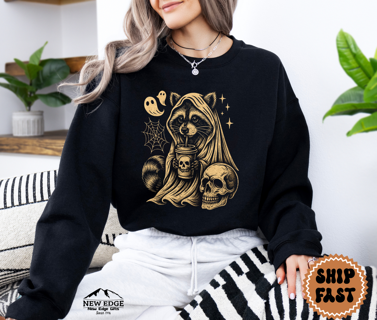 Unisex Raccoon with Skull and Drink Halloween Sweatshirt – Spooky Forest Party Cozy Fall Pullover