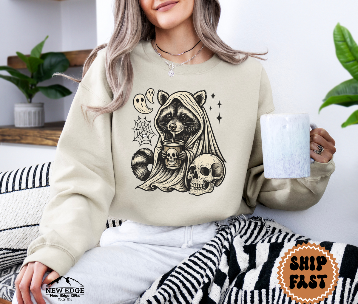 Unisex Raccoon with Skull and Drink Halloween Sweatshirt – Spooky Forest Party Cozy Fall Pullover