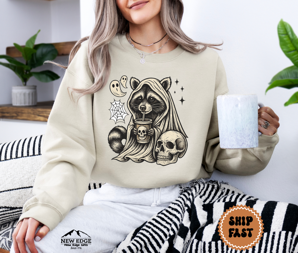 Unisex Raccoon with Skull and Drink Halloween Sweatshirt – Spooky Forest Party Cozy Fall Pullover